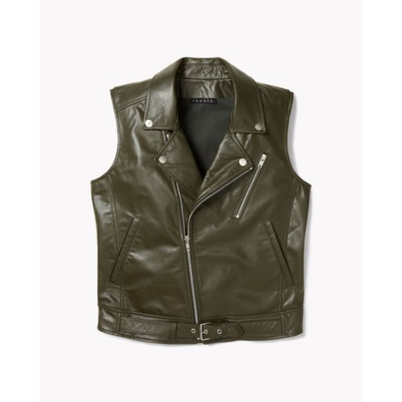 Theory Samison Olive Leather Moto Biker Vest - Picture 4 of 5